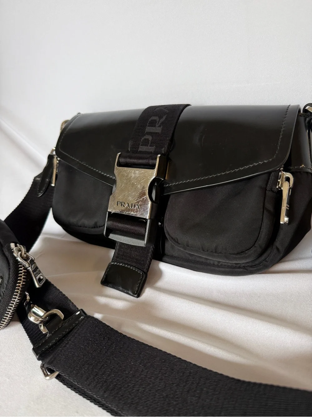 Re-Nylon Spazzolato Double Pocket Buckle Shoulder Bag Black - Picture 1 of 10